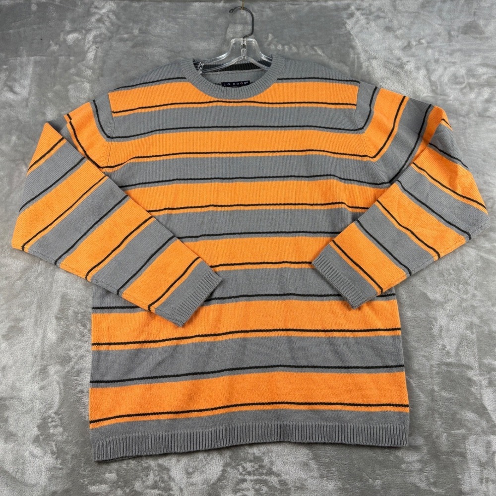 J.G. Hook Mens Striped Crewneck Sweater Orange Grey Black Knit Pullover Large